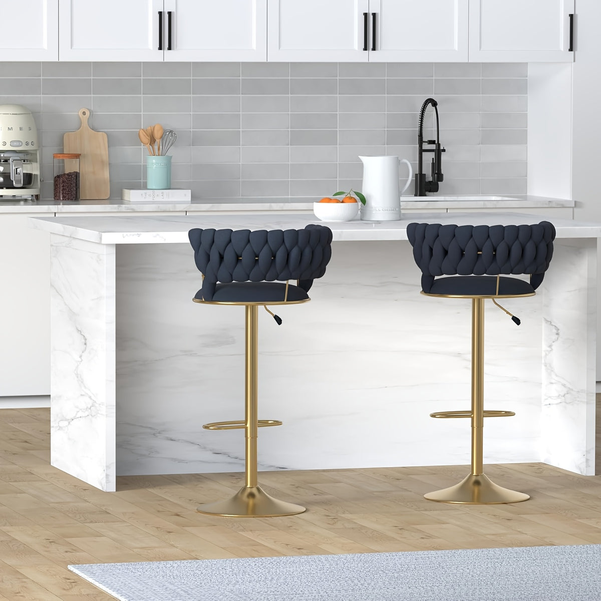 Velvet Swivel Bar Stools, Adjustable Counter Height Bar Stool with Woven Back, Upholstered Kitchen Dining Chairs, Modern Barstools for Kitchen Island, Cafe, Pub, Bar Counter, Bar Stool Set, Bar Chair, Bar Stools Set of 2, Bar Stool Set of 4, Bar Chair Se