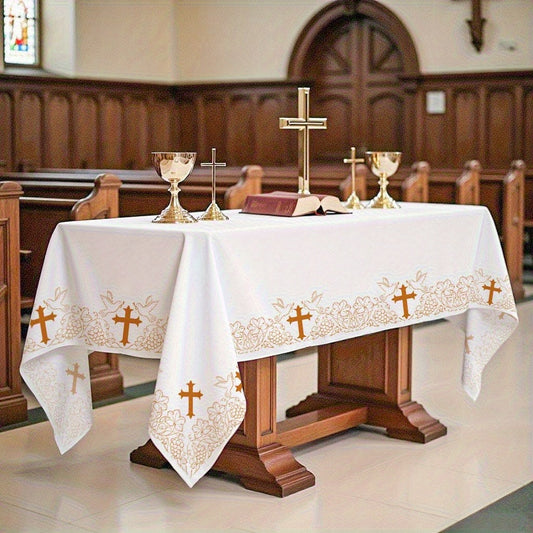 1pc Elegant White Rectangular Polyester Tablecloth with Golden Cross Pattern and Vine Print - Ideal for First Communion, Baptism, Christmas, and Easter Church Ceremonies - Indoor/Outdoor Use, Festive Tablecloth | Decorative Altar Cover | Fabric, Church D