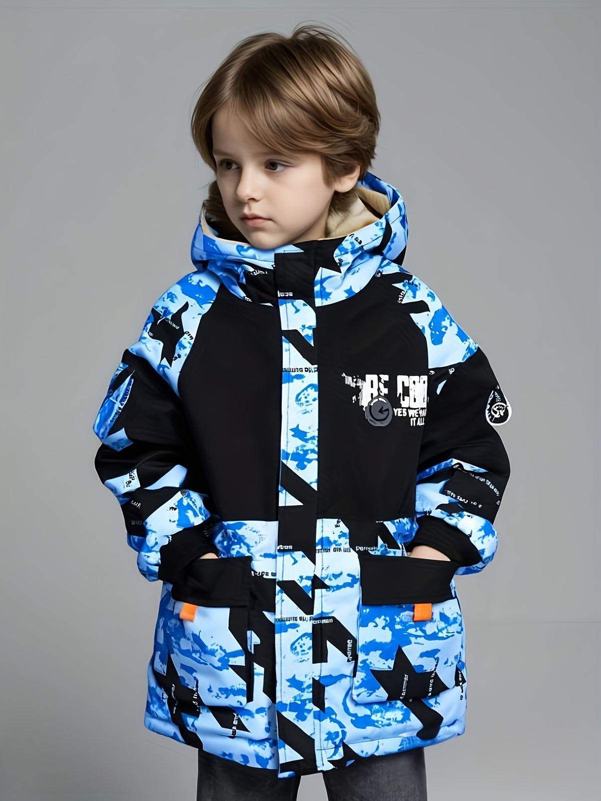 Boys' Heavy-Duty Winter Jacket - Thick Insulated Coat with Full-Zip Closure, Hooded Cold Weather Outerwear, Black/White/Gray/Orange Accents - All-Season Outer Jacket for Big & Tall Boys - Ideal for Hiking, School, and Everyday Use - Easy-Care Polyester F