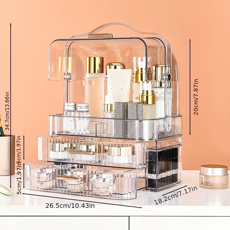 1pc Luxurious Desktop Storage Box, Multifunctional Dustproof Storage Box With Drawer & Lid, Large Capacity Acrylic Cosmetic Storage Box, Home Storage And Organization, Makeup Organizer, Vanity Organizer