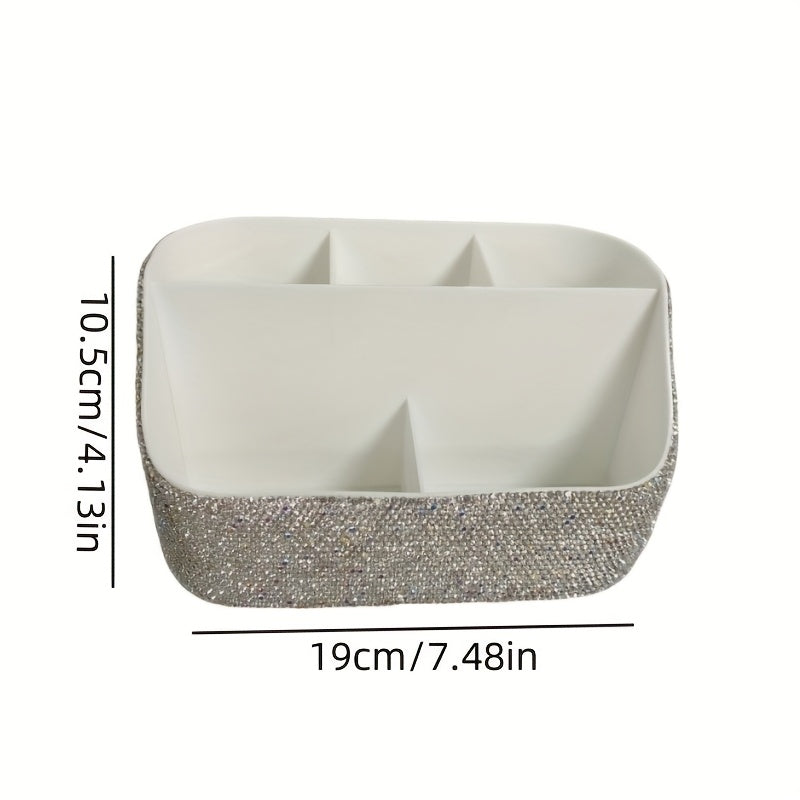 1pc Luxury Multi-Compartment Storage Box with Rhinestone Accents, Plastic Makeup Organizer, Creative Exquisite Office Desk Accessory