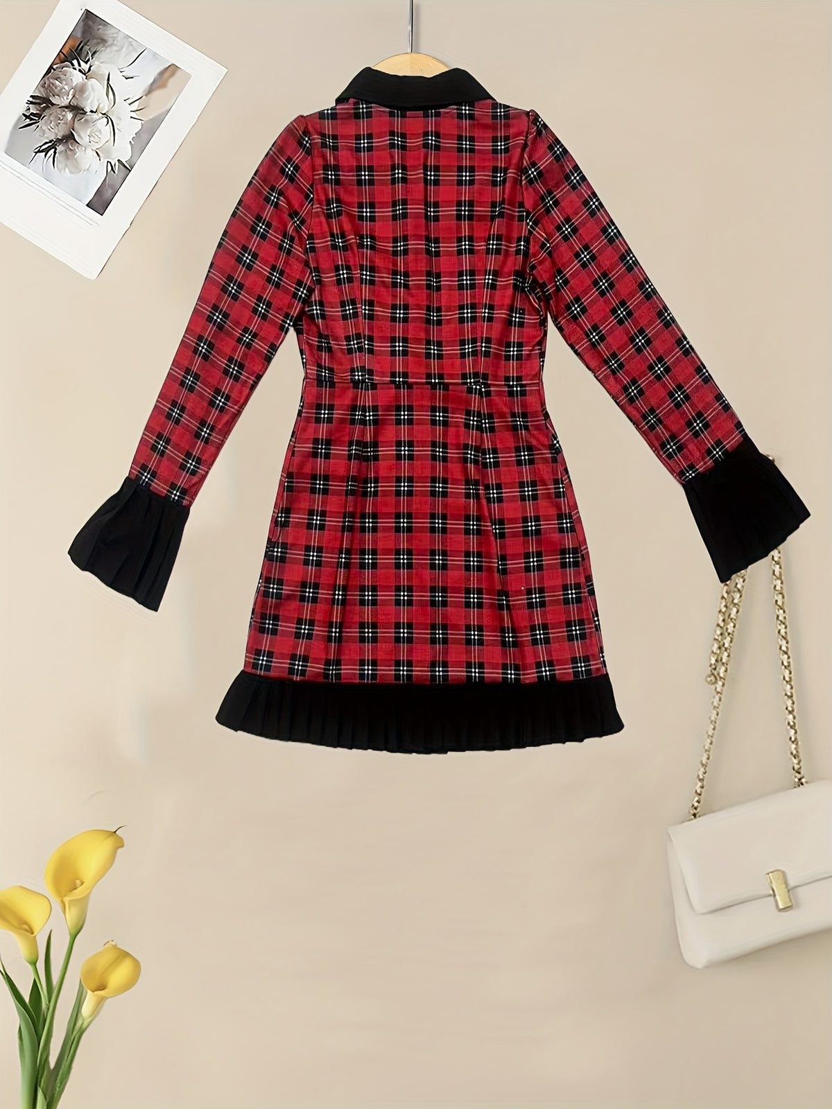 Women's Short Plaid Tartan Dress with Bow Tie Collar & Puffed Sleeves - Red/Black/White Scottish-Inspired A-Line, Machine Washable Winter Party Wedding Guest Dress (No Dry Clean)