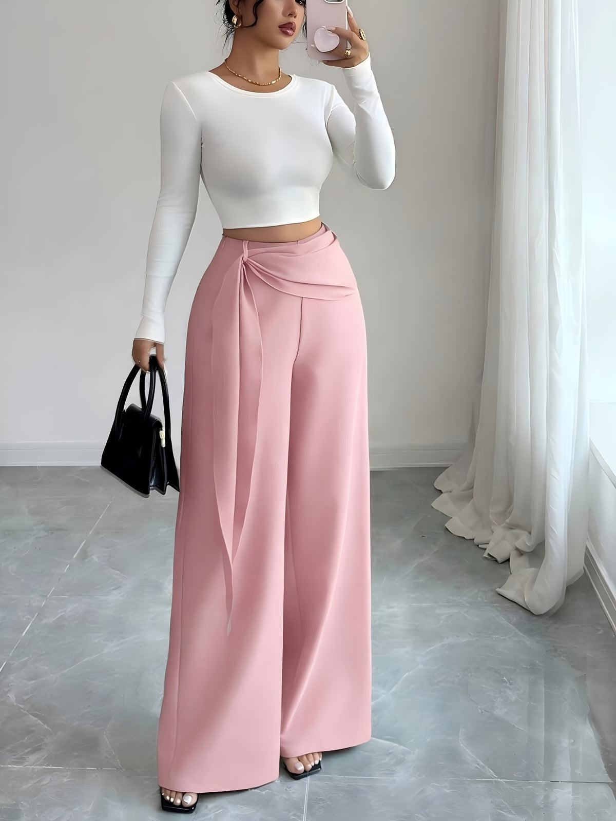 Women's High-Waisted Wide- Flare Bell-Bottom Pants with Belted Waist & Built-In Zipper - Twill Trousers Suitable for Commuting,, Casual Wear, Spring/Autumn Elegant Loose Fit Solid Color Full-Length Pants