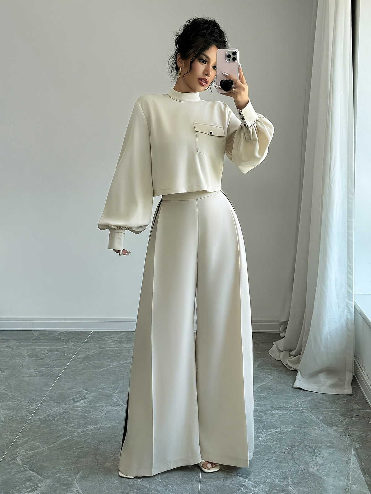 Elegant, Stylish, And Minimalist Color-Block Lantern Sleeve Real Pocket Small Stand-Up Collar Short Top with Wide-Leg Side Black Webbing Long Pants Set