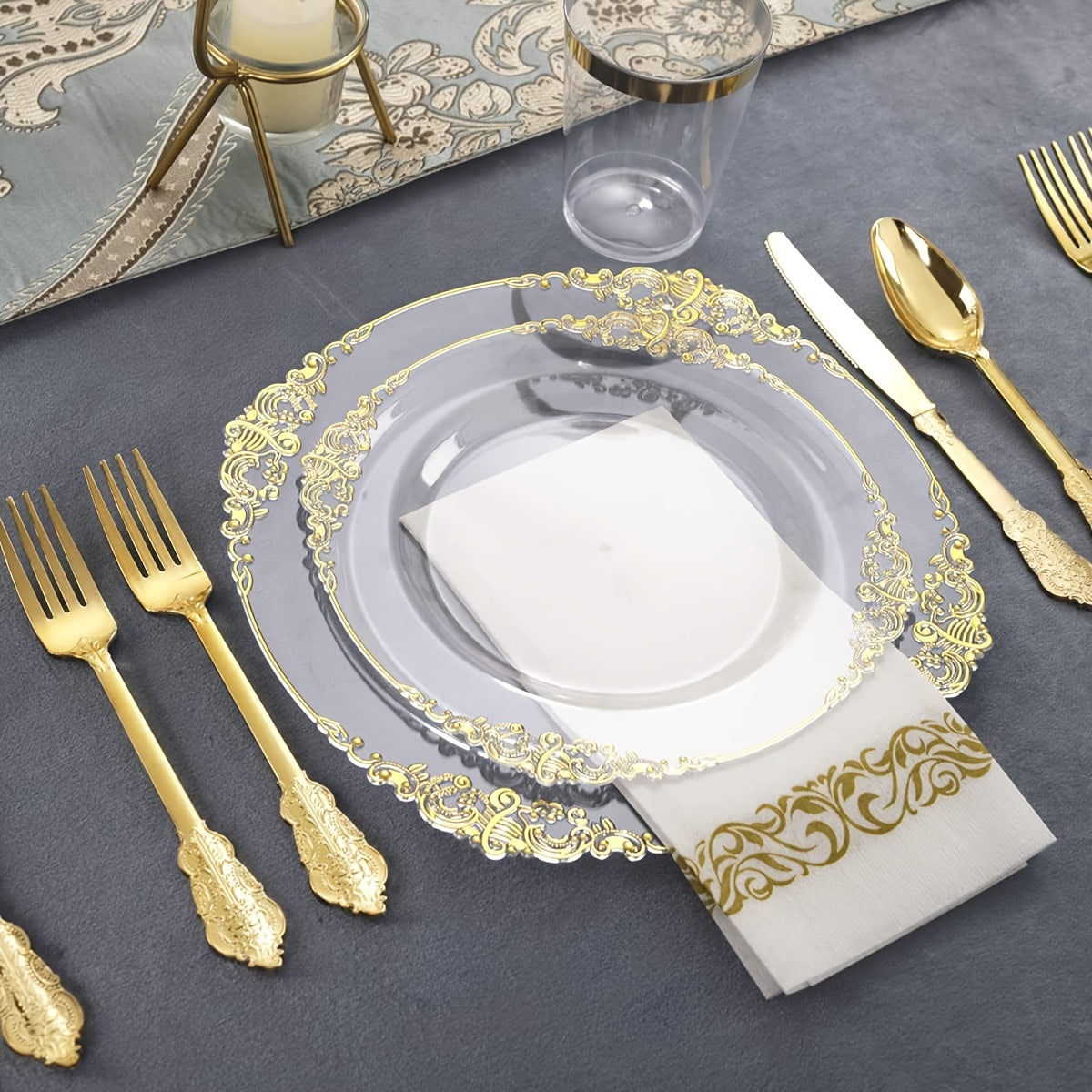 50pcs Transparent Golden Plastic Plates, Transparent Disposable Plates with Golden Rims, Plastic Cutlery Set Includes 10 10.25-Inch Plates, 10 7.5-Inch Dessert Plates, 10 Knives, 10 Forks, 10 Spoons, Suitable for Weddings, Parties, Dinners, Christmas, Ha