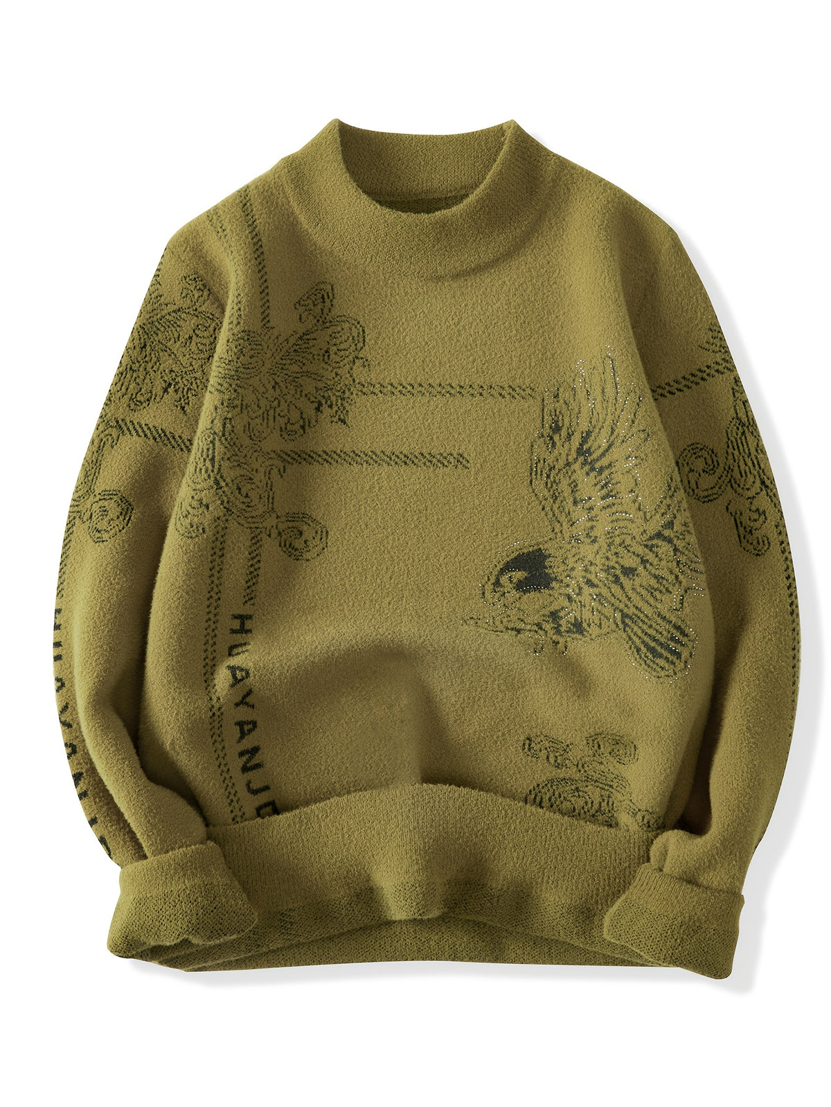 Men'S Elegant Golden Eagle & Eagle Wing Print Long Sleeve Sweater - Soft Warm Winter Knit Sweater with Golden Eagle Design, Round Neck Casual Coat