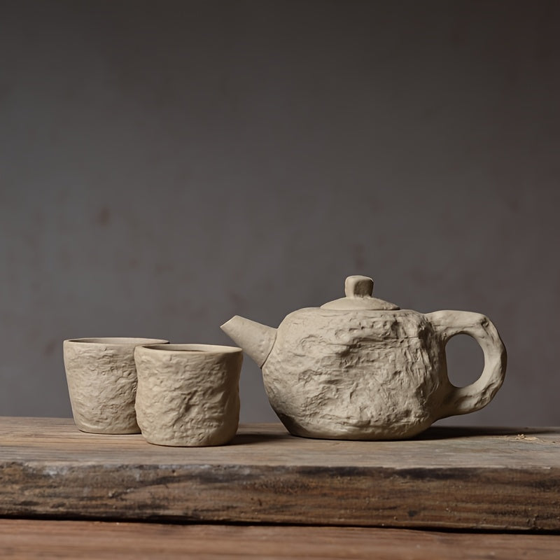 Ceramic Teapot and 2-Cup Set - Handmade Natural Clay Tea Set with Lava-like Texture, Beige/Brown Rustic Modern Design, Heat- Durable Ceramic Tea Pot & Cups for Hot Beverages, Ideal for Home Decor, Tea Lovers Gift, -Inspired Aesthetic, Functional & Decora
