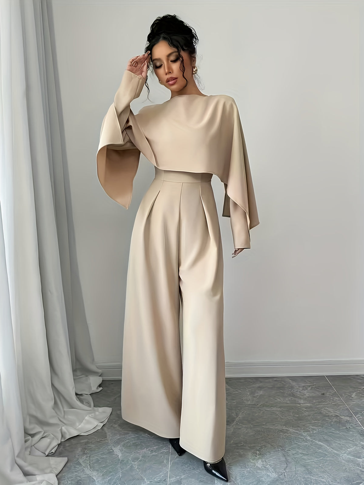 Women's Fashionable and Elegant Solid-color Long-sleeve Jumpsuit for Commuting, Featuring a High-waist Design That Is Figure-flattering and, with Draping Fabric That Is Comfortable and Breathable