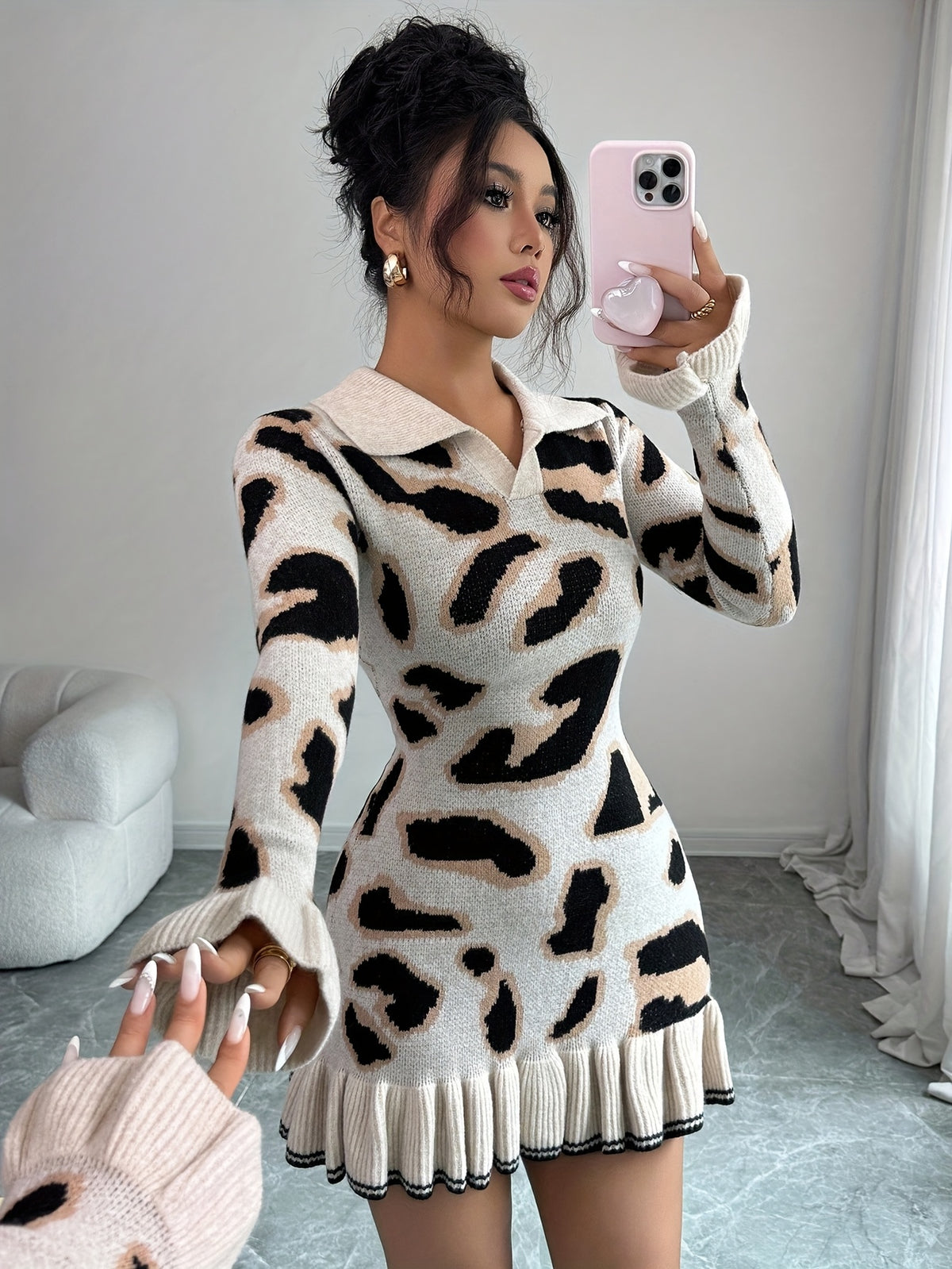 Ladies' Autumn-Winter Fashion Leopard Print Dress with Ruffle Hem | Slim Fit Design, Lapel Collar Style.