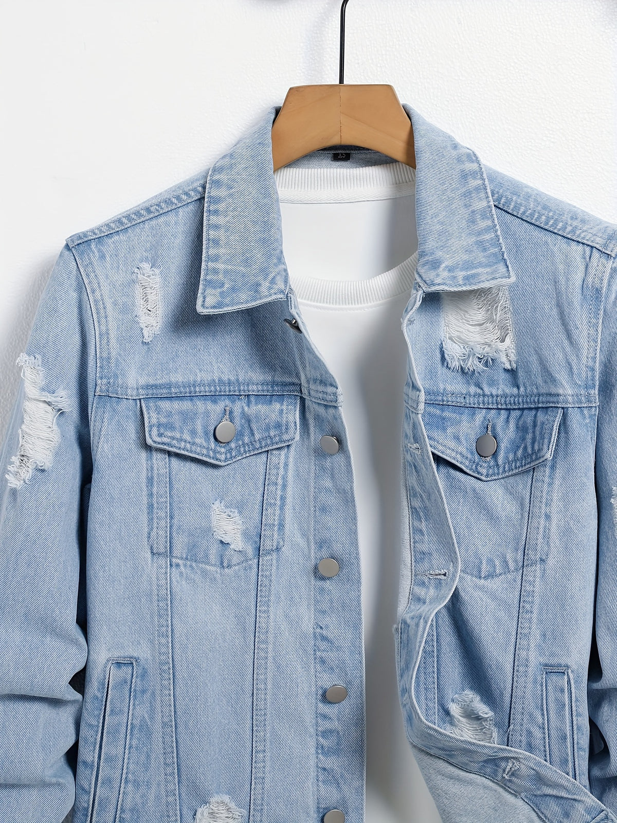Men'S Distressed Denim Jacket - Light Blue Casual Workwear with Button-Up Front, Chest Pockets, and Frayed Details, Regular Fit for Casual Attire, Casual Outerwear | Frayed Denim Jacket | Frayed Details