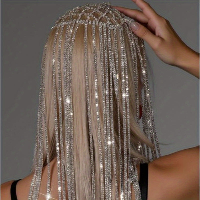 Sparkling Rhinestone-Encrusted Mesh Tassel Head Chain - Versatile, Trendy Hair Accessory for Brides & Special Occasions