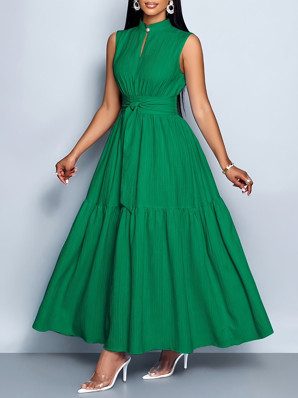Elegant and Fashionable Women's Solid Color Stand-up Collar Sleeveless Waist-cinching Tie-knot Dress with Front Cutout, Suitable for Casual, Fashionable, and Commuting Styles. Selected from the Industry's Elegant Series, Ideal for Parties and Work