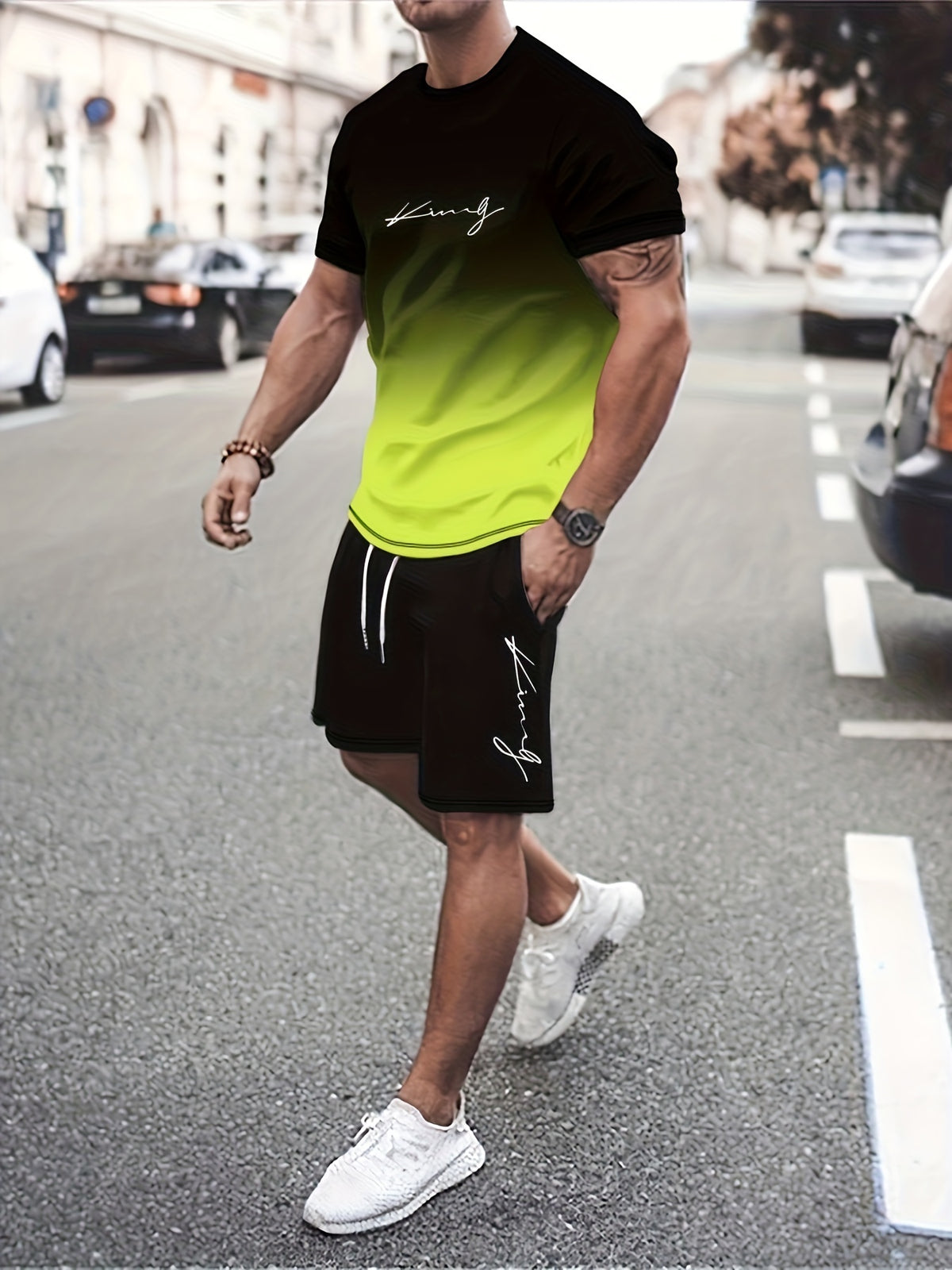 Ombre 2Pcs Trendy Outfits For Men, Casual Crew Neck Short Sleeve T-shirt And Drawstring Shorts Set For Summer, Men's Clothing Vacation Workout