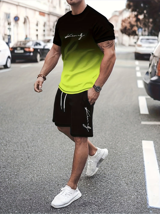 Ombre 2Pcs Trendy Outfits For Men, Casual Crew Neck Short Sleeve T-shirt And Drawstring Shorts Set For Summer, Men's Clothing Vacation Workout