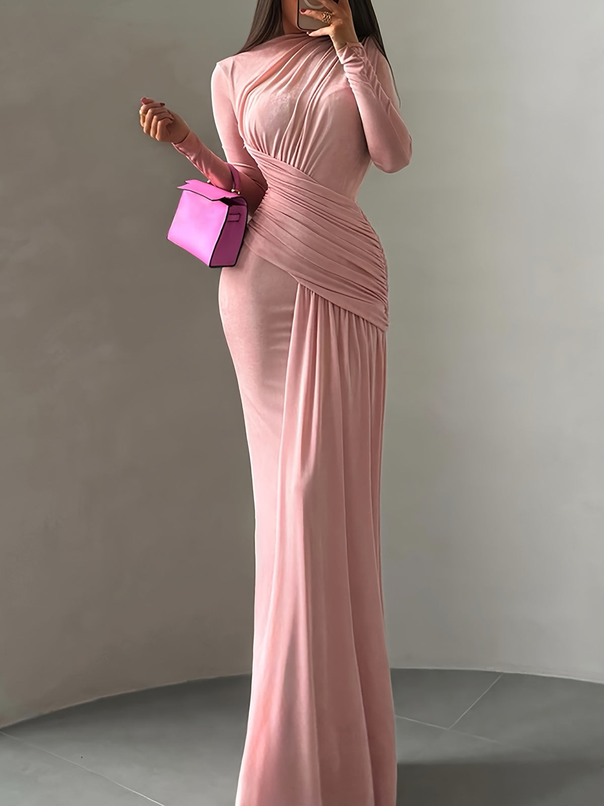 New Autumn/Winter Women's Fashion Elegant Solid Color Pleated Round Neck Slim-Fit Long Sleeve Dress