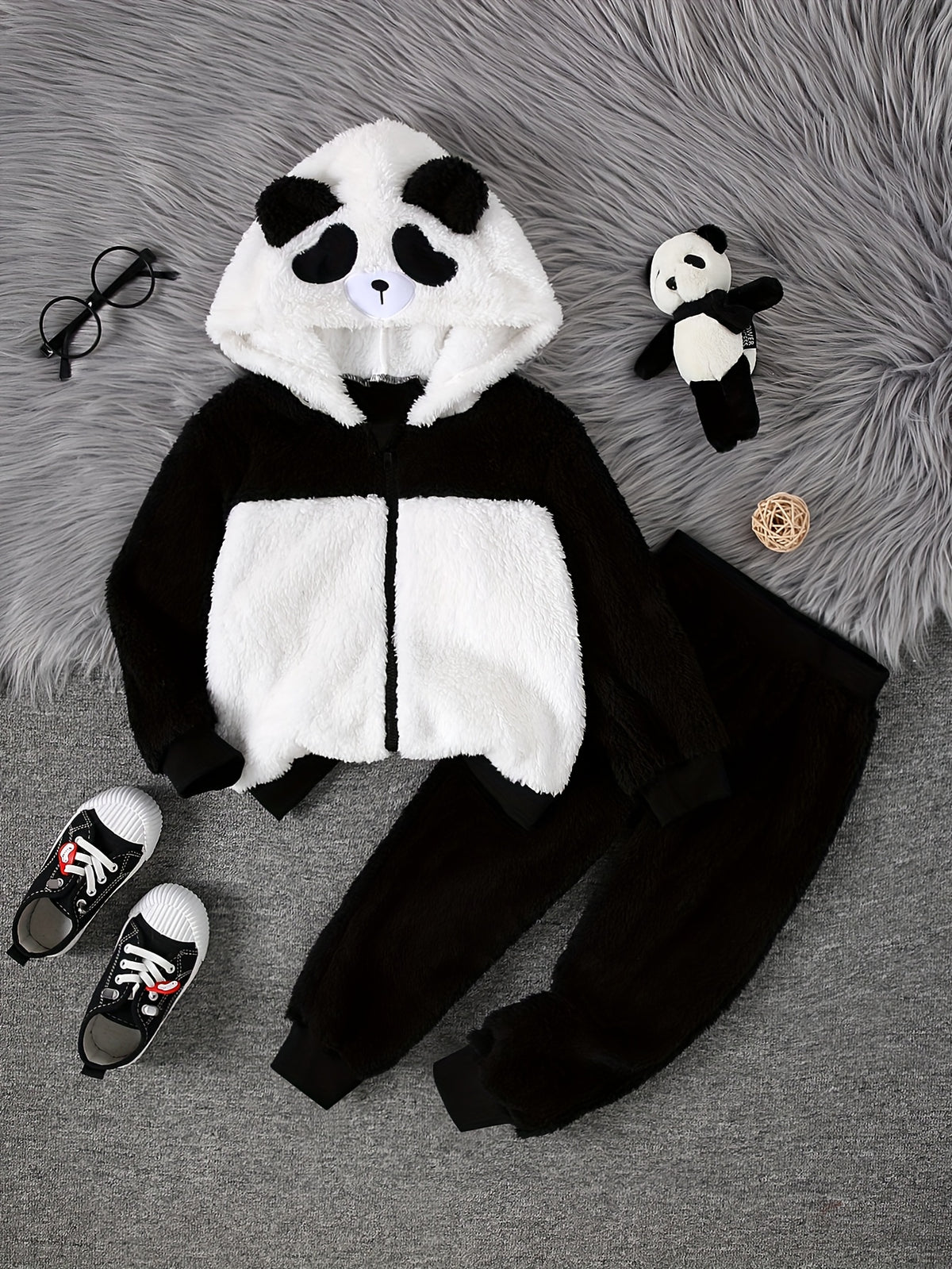 Children'S First Set of Autumn and Winter Two-Piece Hooded Long Sleeve Patchwork Sweatshirt + Pants Suit Panda Hat New Fashion Casual Trend Suitable for Boys and Girls, for Outdoor