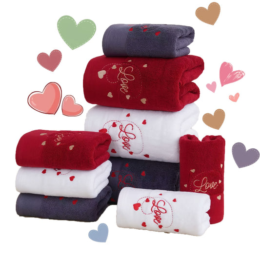 3pcs QIBHI Pure Cotton Embroidered Love Heart Towel Set, 100% Cotton Knit Fabric, 460 GSM, Romantic Couple Bath & Hand Towel Combo, Perfect for Valentine'S Day, Home Decor, Wedding Party Decor, Wash Cloths