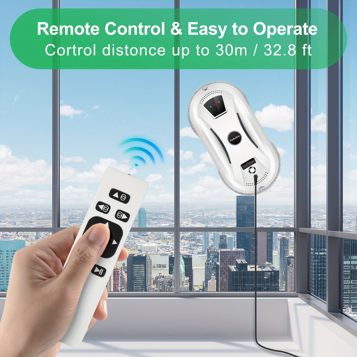 PuRuiKai 02 Smart Remote-Controlled Window Cleaning Robot | Rechargeable Battery, Dual Power Mode, Battery Capacity, 65dB Noise Intensity