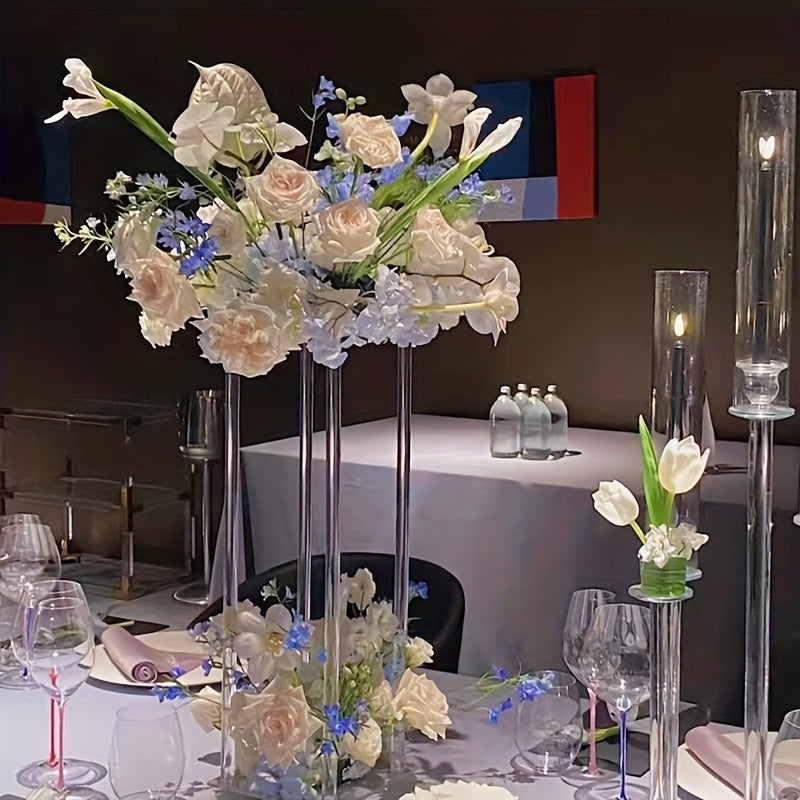 4pcs Transparent Acrylic Wedding Centerpieces - Tall 60cm (59.94cm) Square/Cube-like /Standing Vases, Heavy-Duty Table/Flower Stands for Large Bouquets, White/ Floral Arrangements (Compatible with Roses, Peonies) - Event & Party Decor