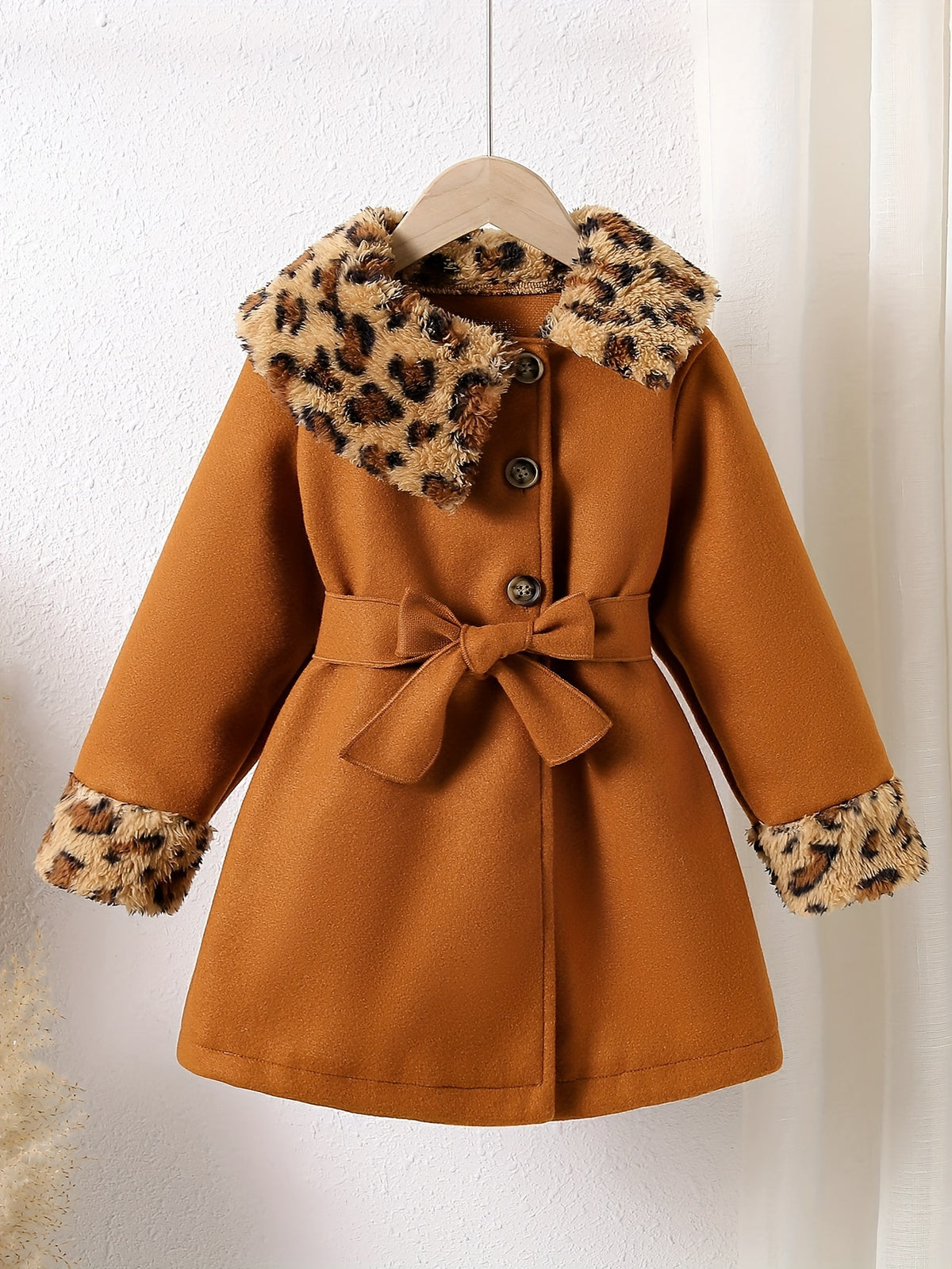 Elegant Girls' Leopard Print Fleece-Lined Coat with Belt - Long Sleeve, Button Front, Perfect for Fall/Winter