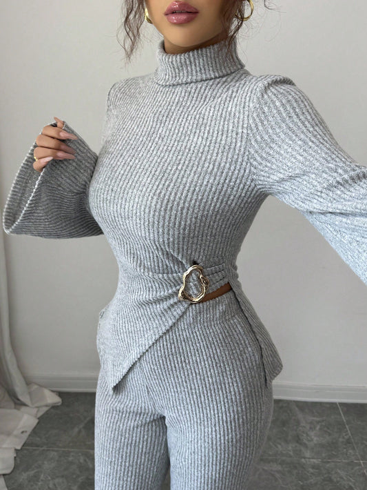 Two-Piece Set High Neck Ribbed Irregular Metal Decor Long Sleeve Top and Pants - Autumn/Winter Season, Suitable for Daily Wear, Elegant and Fashionably Simple