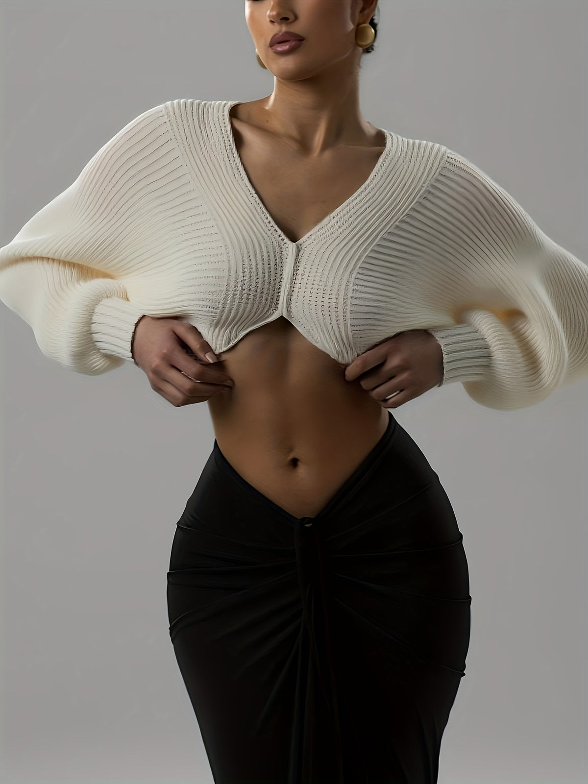 Women's White V-Neck Cable- Sweater - Short Length Cropped Top with Long Sleeves, Soft Stretchy Pullover for Layering, Casual Winter Blouses (Machine Washable) - All-Season Sweater Vest