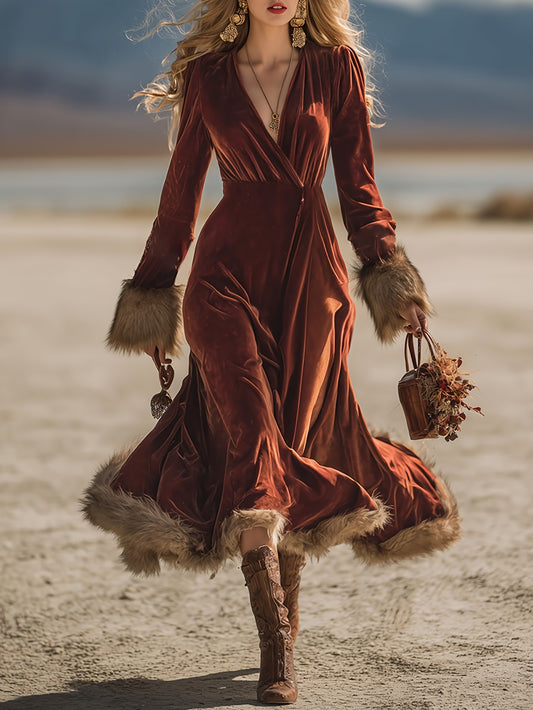 Women'S Long Sleeve Vintage Western Caramel-Colored Faux Fur Trim Dress | Elegant A-Line Solid Color Long Dress for Fall/Winter