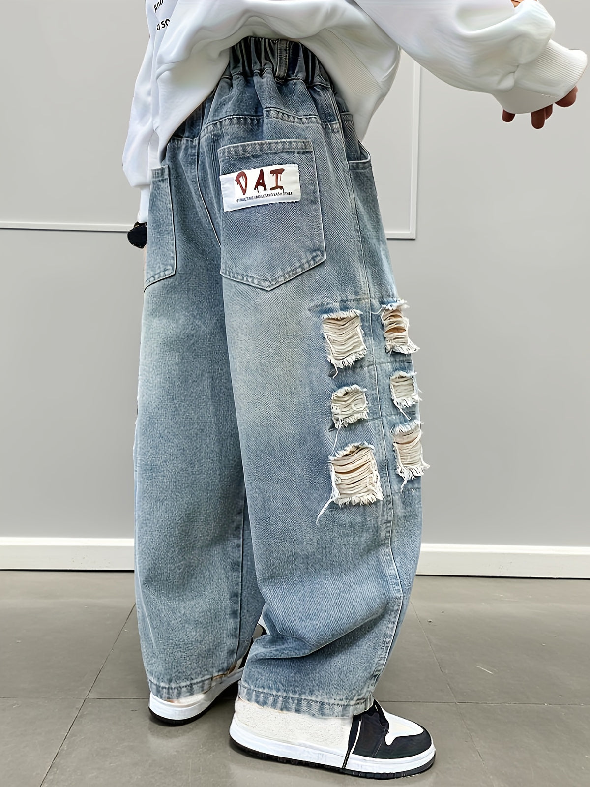 Boys' -Wash Blue Distressed Denim Jeans - Heavyweight 100% Casual Pants with Frayed Hem & Ripped Knee Design, Spring/Fall Season Comfortable Casual Attire for Teen Boys (Hand Washable) - Ideal for Layering & Casual Outfits, Relaxed Fit with Classic Five-