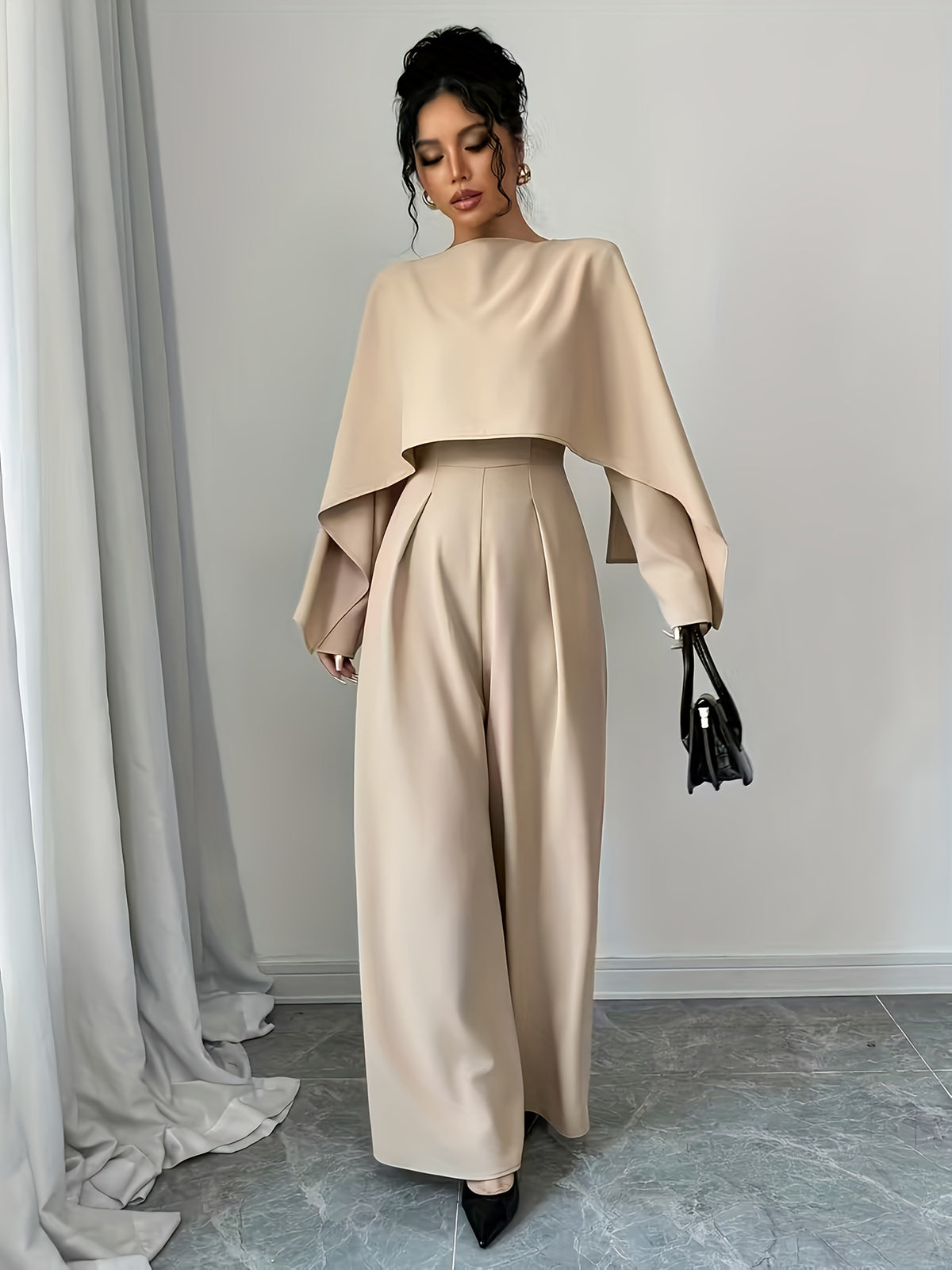 Women's Fashionable and Elegant Solid-color Long-sleeve Jumpsuit for Commuting, Featuring a High-waist Design That Is Figure-flattering and, with Draping Fabric That Is Comfortable and Breathable