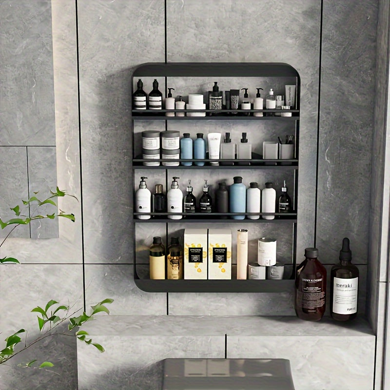 1pc Wall-Mounted Bathroom Storage Rack - Multifunctional Iron Organizer with Hanging Shelves for Cosmetics, Toiletries & Accessories, Space-Saving Modern Design for Bathroom, Kitchen, or Vanity, Bathroom Organizers And Storage, Sleek Metallic Finish, Dur