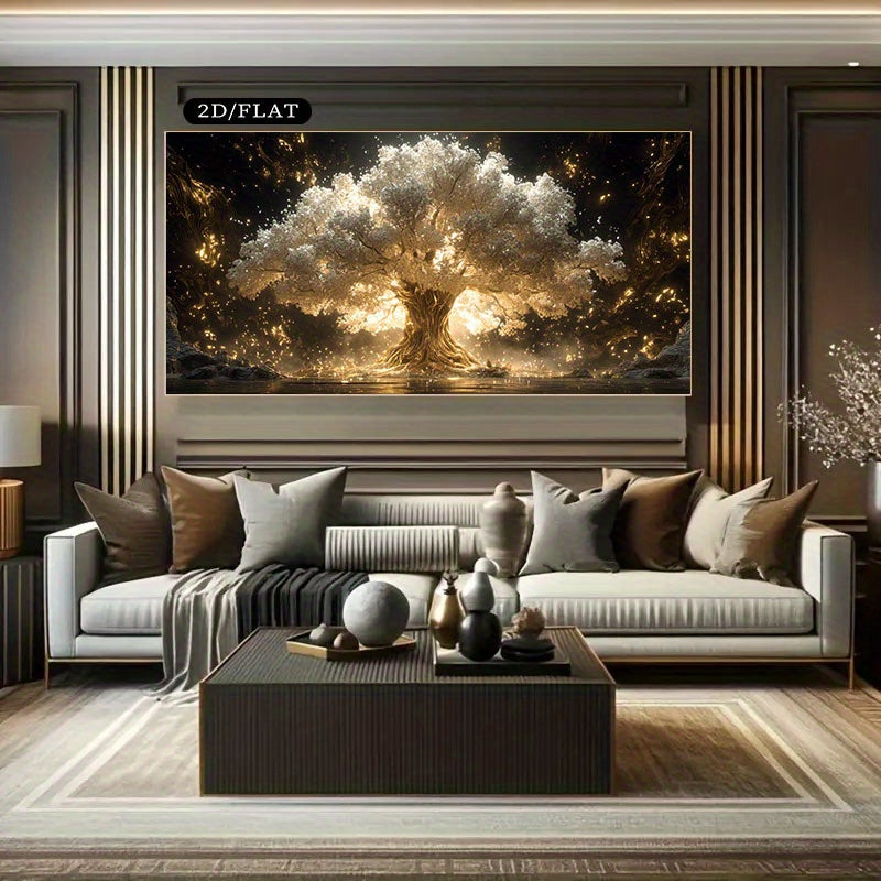 1pc Extra Large Modern Canvas Wall Art - Glowing Tree with Golden Branches & Shimmering Leaves, Dark Background - Frameless Poster for Living Room, Bedroom, Office Decor - Home Decoration Gift Idea - Available in Imperial/ Metric Dimensions (27.5x55.1in