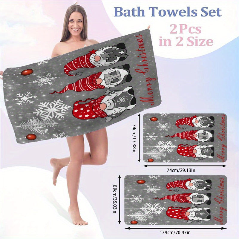 2pcs Festive Christmas Towel Set - Extra-Large Bath & Face Towels, Quick-Dry Microfiber, Highly Absorbent, Holiday Gnome & Snowflake Design, Perfect for Bathroom, Pool, Beach - Ideal Gift for Women & Men, Christmas Towels, Wash Cloths