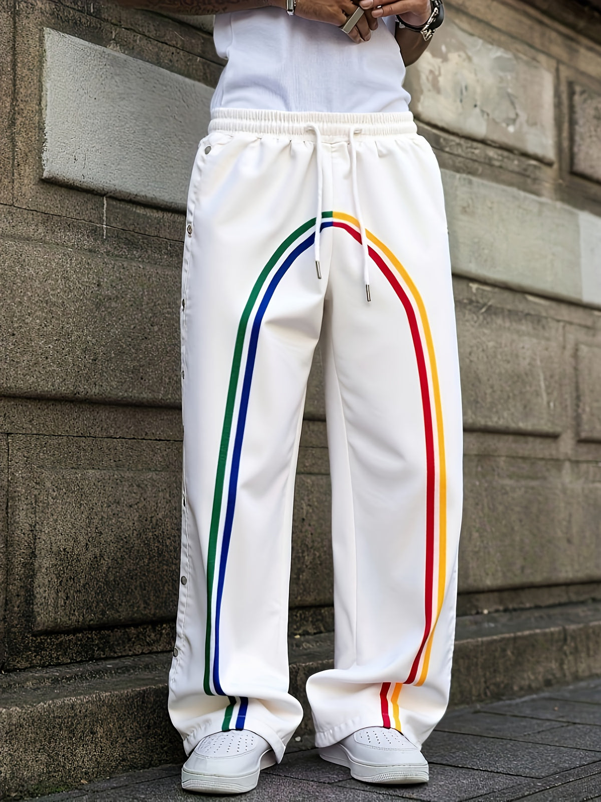 Men'S Easy Solid Color Spliced Front Lace-Up Casual Straight Trousers, Rainbow Stripes, Side Slits Design White Pants, Hip-Hop Loose Pants, for Husband, Boyfriend Gift Retro Men'S Pants Men'S Sports Pants Streetwear Pants
