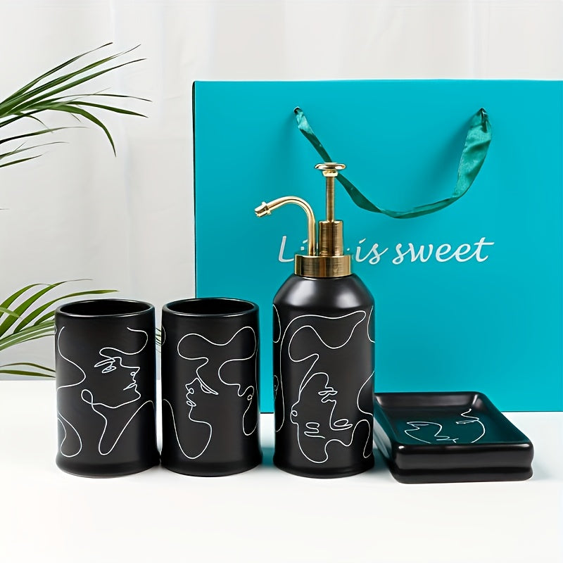 4pcs Modern Abstract Bathroom Set - Ceramic Soap Dispenser, Toothbrush Holder, Cup Tray - Contemporary Vanity Accessories with Golden Accents, Ideal Couples Gift, Bathroom Decor And Accessories, Bathroom Accessory Set, Bathroom Sink Kit With Tray, Bathro