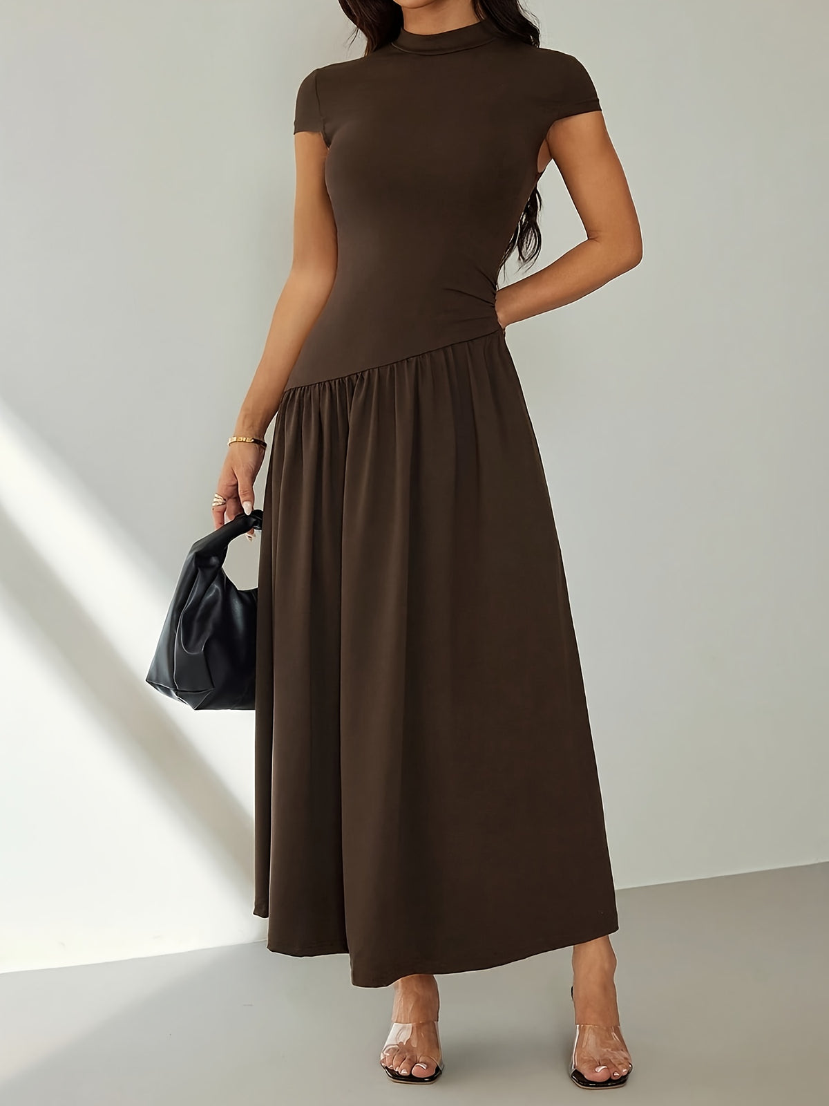Women's Solid Color Stand-up Collar Puff Sleeve Pleated Long Casual Dress, Summer Brown Dress