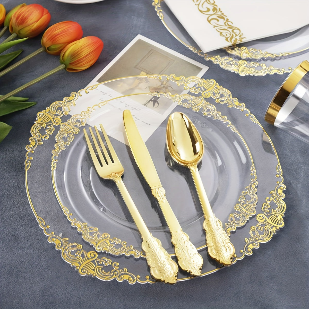 50pcs Transparent Golden Plastic Plates, Transparent Disposable Plates with Golden Rims, Plastic Cutlery Set Includes 10 10.25-Inch Plates, 10 7.5-Inch Dessert Plates, 10 Knives, 10 Forks, 10 Spoons, Suitable for Weddings, Parties, Dinners, Christmas, Ha