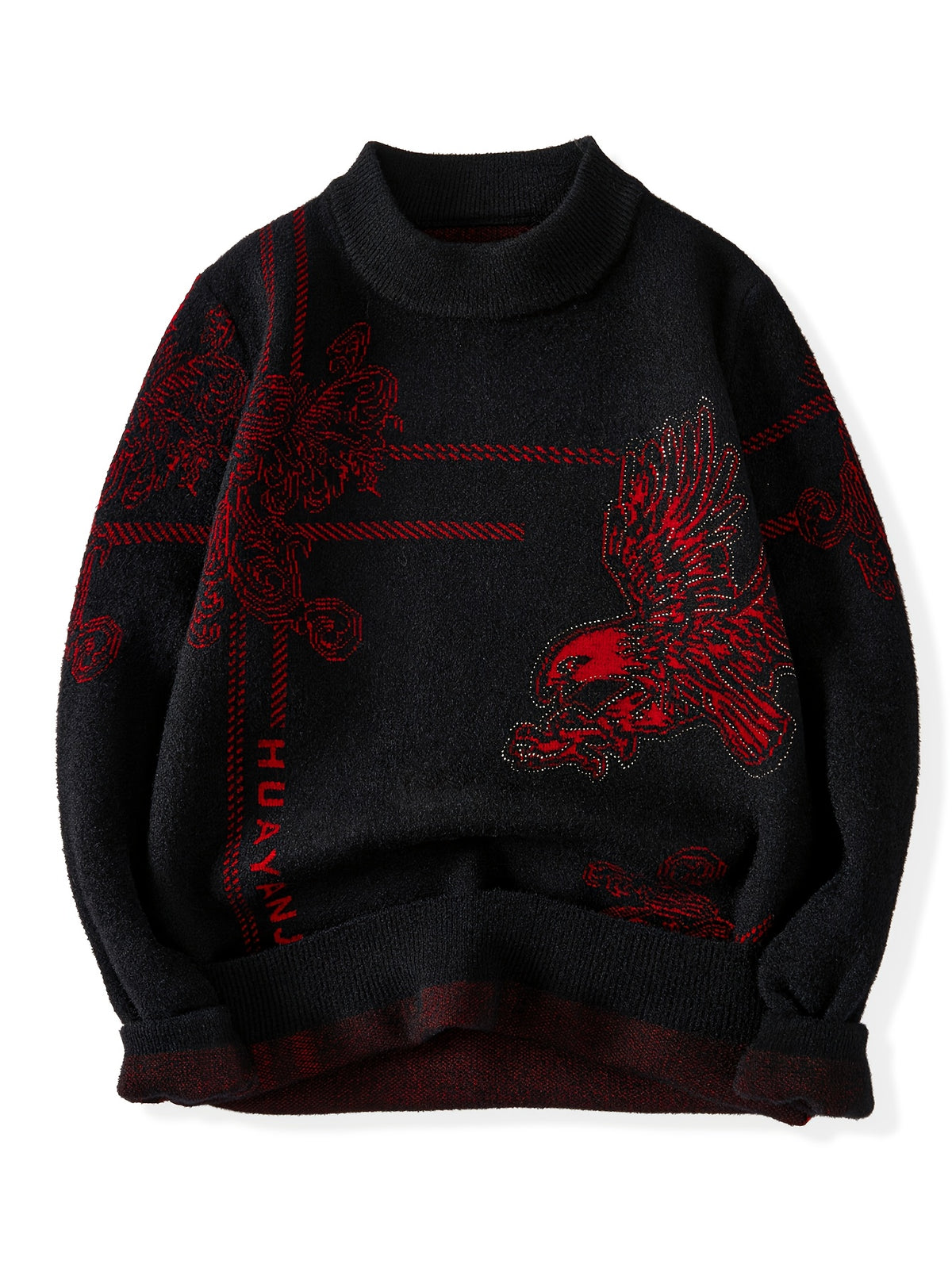 Men'S Elegant Golden Eagle & Eagle Wing Print Long Sleeve Sweater - Soft Warm Winter Knit Sweater with Golden Eagle Design, Round Neck Casual Coat