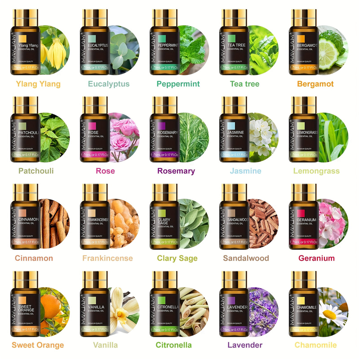 MAYJAM 20*5ml Alcohol-Free Essential Oil Set Gift Box Suitable for Humidifiers, Diffusers, Craft Making, Holiday Gifts, Travel Carry-On Includes Lavender, Jasmine, Eucalyptus, Vanilla, Frankincense, Peppermint, Sandalwood, Sweet Orange, Ylang-Ylang, Rose