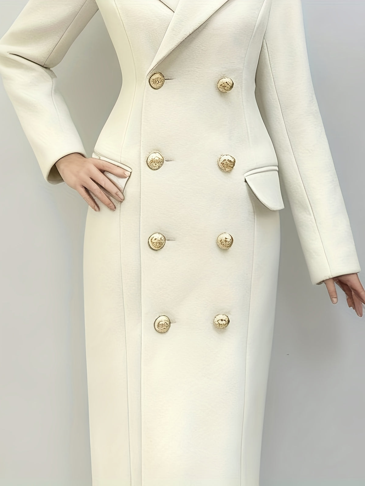 Women's Cream White Tweed H-Line Slim-Fit Long Winter Coat with Cross-Fall & Golden Button Closure - Elegant Fall/Winter Outerwear, Pocket Door Jacket (Dry Clean Only)