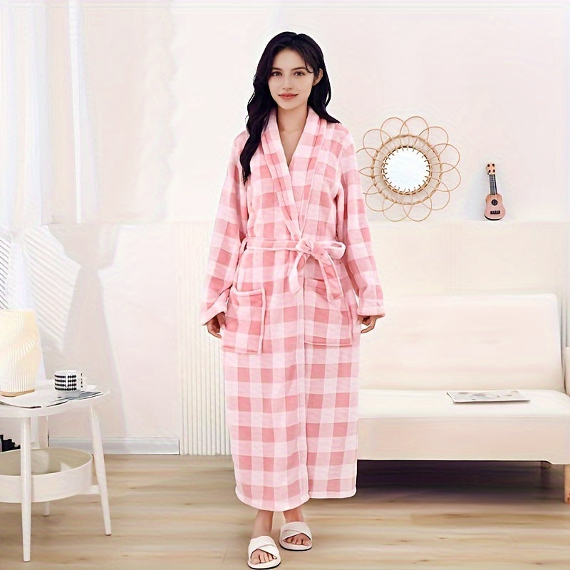 1pc Plaid Bathrobe - Ultra-Soft Quick-Dry Microfiber, Thick & Absorbent, Modern Checkered Design, Machine Washable, Unisex Home & Spa Robe for Men & Women, Bathrobe, Quickdry Robe, Checkered Pattern, Plush Texture, Wash Cloths, Bathrobe Women