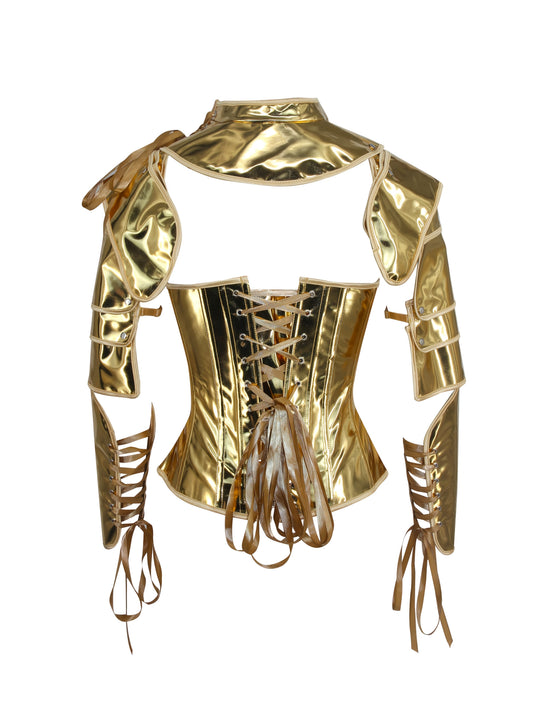 Cyberpunk Style Golden PU Robe Cape and Slim Fit CORSET, Iron Knight Costume Set