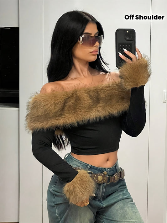 Women'S Elegant Off-Shoulder Long Sleeve T-Shirt - Winter Tops with Fluffy Collar, Chic Cold Weather Blouse for Everyday & Formal Outfits, Non-See-Through Fall/Winter Shirt, Ladies T Shirts, Casual Wear, Offshoulder Top, Soft Texture, Seasonal Fashion, S