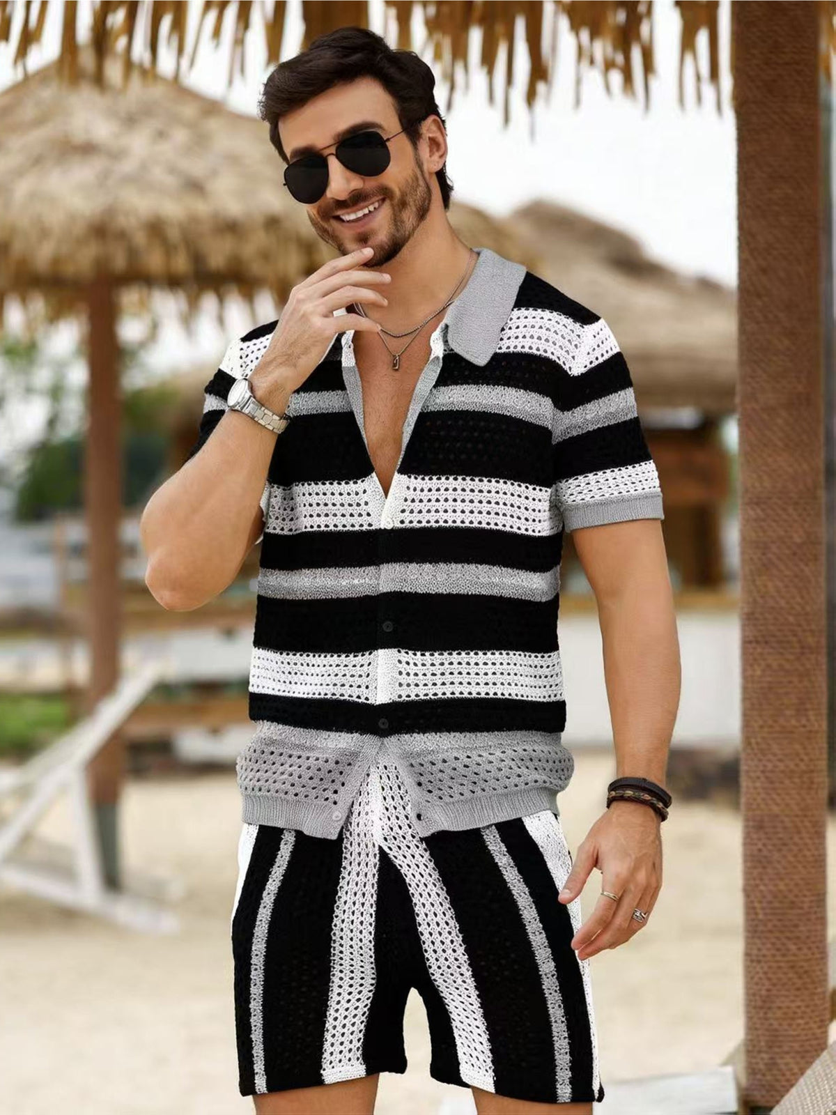 Hollow Out Sweater Men'S Spring Summer Thin Loose Casual Vacation Style Beach Versatile Reversible Set, Knit