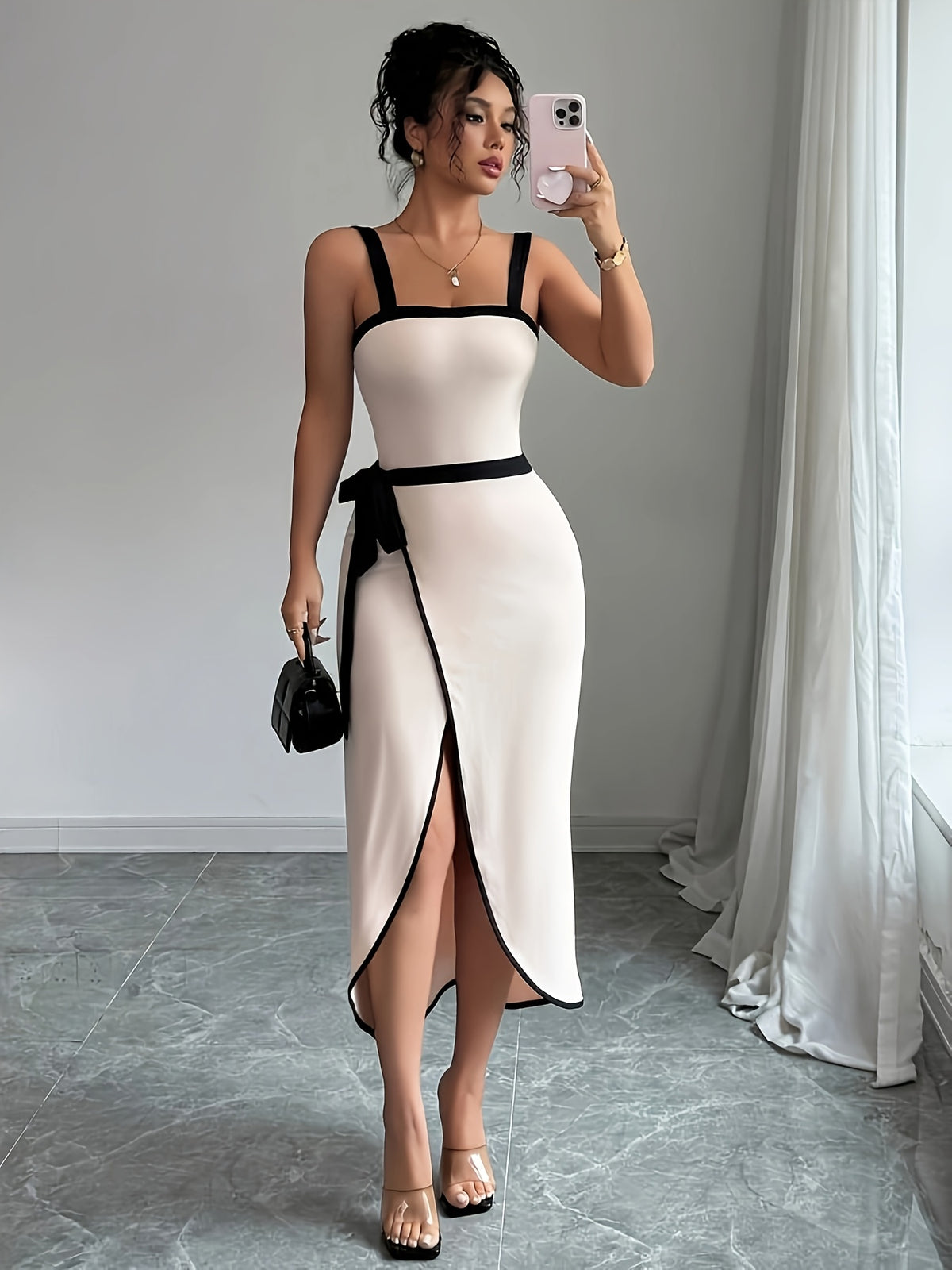 2pcs Women'S Elegant Sleeveless Top and Asymmetrical Tie-Front Skirt Set - Black & White Contrast, Ruched Bodycon Dress with High-Low Hem, Perfect for Spring/Summer, Polyester Blend, Machine Washable, Spring Summer Outfit | Asymmetrical Skirt | Polyester