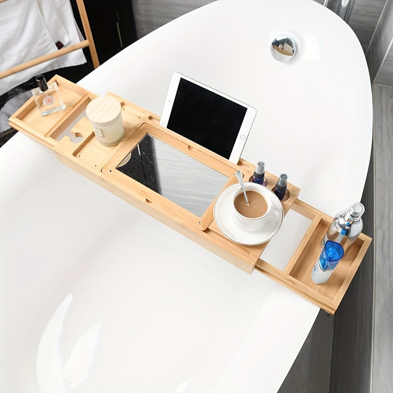 Adjustable Bamboo Bath Caddy, Expandable Wooden Bathtub Shelf with Mirror, Multi-Functional Luxury Bathroom Storage Rack, Rustic Organizer for Tub Accessories