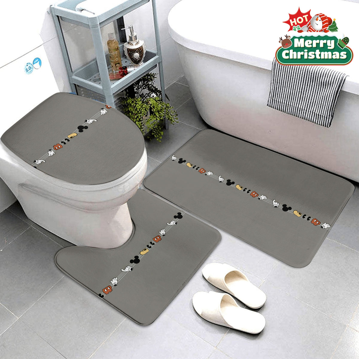 3pcs Disney Mickey Mouse Print 3pcs Bathroom Mat Set, Bathroom Mat, Toilet Seat Mat, Toilet U-pad, Disney Fan Gift, Christmas Decoration, Birthday Gift, Anniversary Gift Home Decor