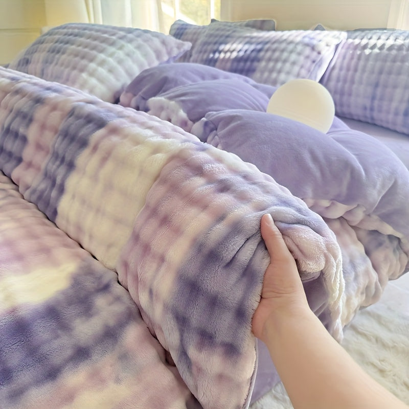 1pc Thick Plush Duvet Cover - Autumn Winter Quilted, Double-Sided Design (Side A: Rabbit Plush / Side B: Milk Velvet Ultra Soft Breathable), Checkered Warm Fleece Bedding for Cozy Fall and Winters, Machine Washable, Cold Weather Comfort, Quilted Pattern,