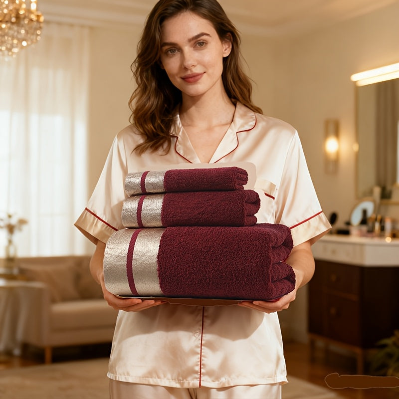 3pcs Towel And Bath Towel Set, Modern Light Luxury Style, 100% Cotton, Including 1 Face Towel + 1 Hand Towel + 1 Bath Towel, Suitable for Bathroom. Hotel Use Or Valentine'S Day Gift, Bath And Face/Hand Wipe, Household Daily Necessities