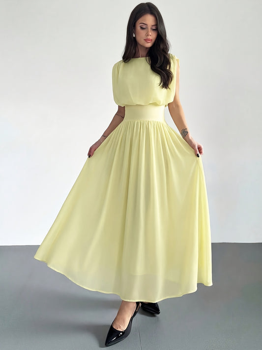 Women's Round Neck Vintage Waist-Cinching Ruched Back Waistband Drawstring Elastic Adjustable Large A-Line Flared Umbrella Sleeve Short Sleeve Romantic Floral Pink Long Dress, Exquisite and Elegant French-Style Vintage, Suitable for Formal Office