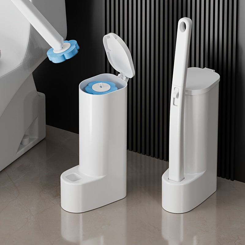 VEHHE Disposable Toilet Brush with 12 Replacement Heads and Holder, Plastic Bathroom Cleaning Set with Soft Bristles, No-Dead-Angle, Base Included, Hangable Design, for Efficient Decontamination